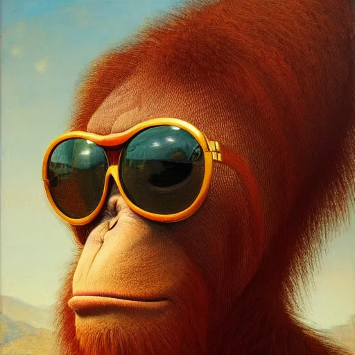 Prompt: orientalism painting of an orangutan wearing sunglasses by edwin longsden long and theodore ralli and nasreddine dinet and adam styka, masterful intricate art. oil on canvas, excellent lighting, high detail 8 k