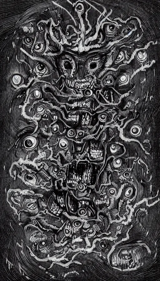 Prompt: a storm vortex made of many demonic eyes and teeth, by david eichenberg