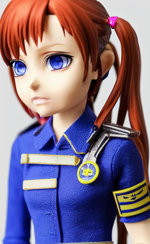 Prompt: toy photo, realistic face, school uniform, portrait of the action figure of a girl, anime character anatomy, 3d printed, plastic and fabric, small blue eyes, figma by good smile company, collection product, dirt and smoke background, flight squadron insignia, realistic military gear, 70mm lens, round elements, photo taken by professional photographer, trending on instagram, symbology, 4k resolution, low saturation, realistic military carrier