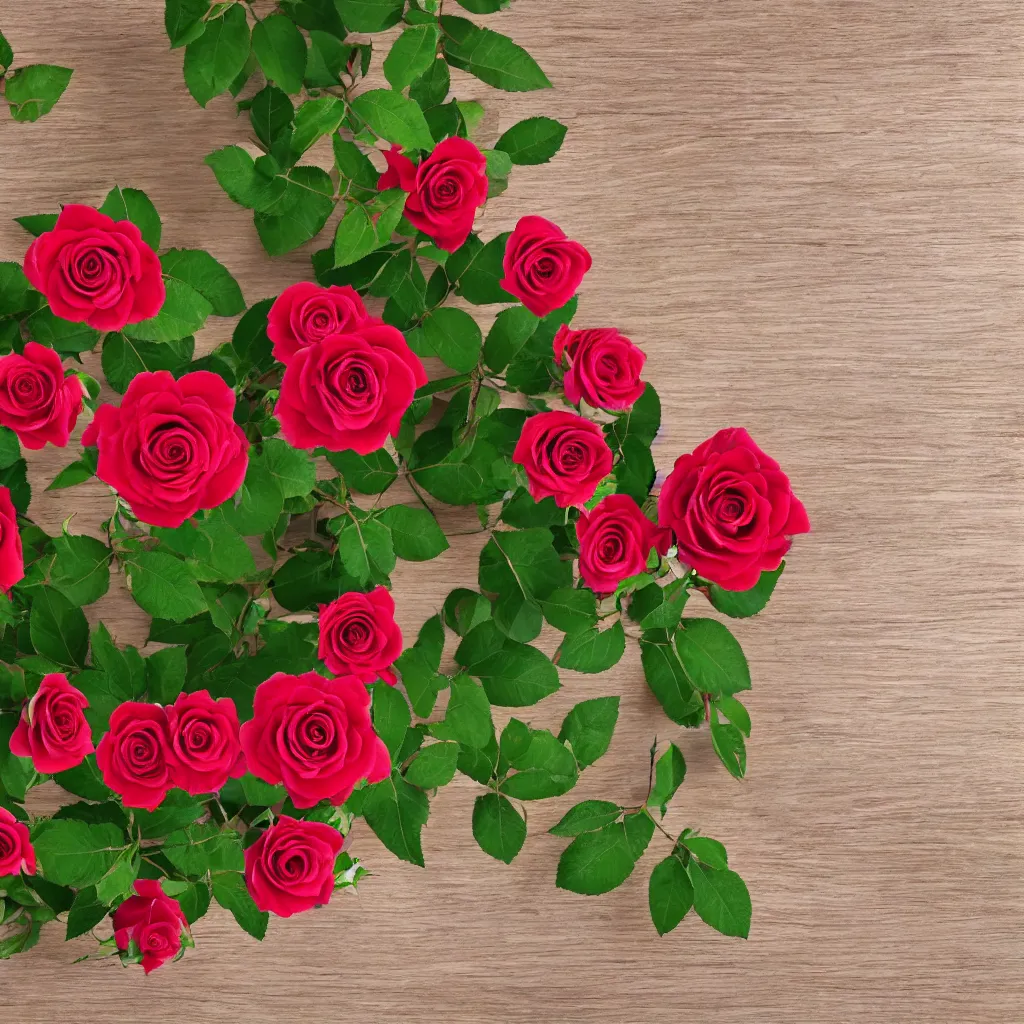 Image similar to top-down view of roses on top of a wooden table, 4k, photorealistic