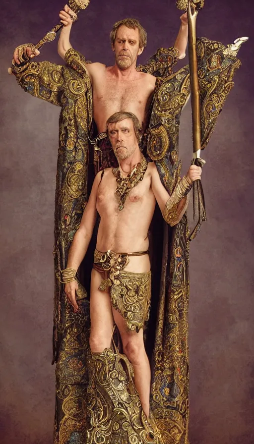 Prompt: hugh laurie as god of love, masculine, sweaty, intricate dressed in an ornate royal loin cloths and robe, and holding his love scepter, hero, intricate, highly - detailed,