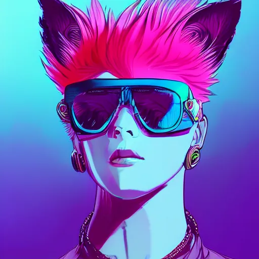 Prompt: fox, pink and blue mohawk hairstyle, aviator sunglasses, synthwave style, portrait, artstation, detailed, award winning, furry, dramatic lighting