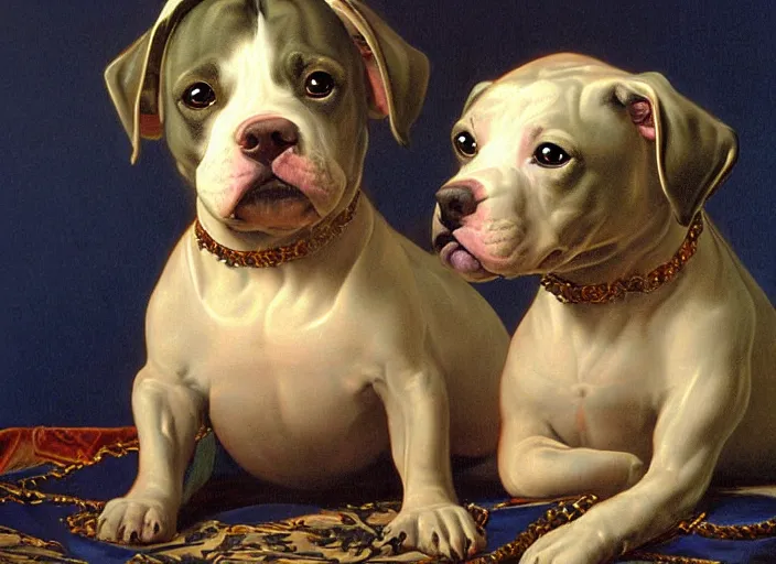 Prompt: baroque rococo painting The Fancy Royal Pitbull portrait Greg Hildebrandt high detail cute puppy
