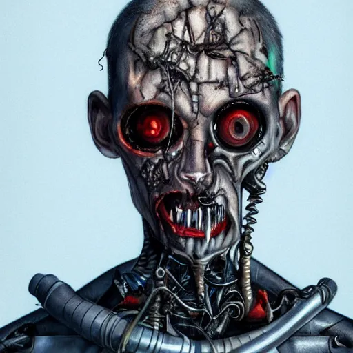 Image similar to photorealistic portrait of a twisted, corrupted, decaying cyborg