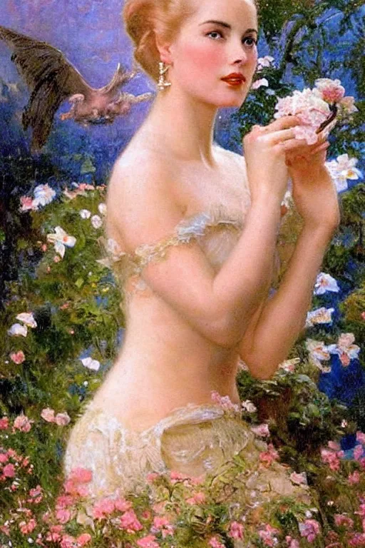 Image similar to A young and extremely beautiful Grace Kelly explaining the birds and the bees in the style of Gaston Bussière, art nouveau, art deco, surrealism. Extremely lush detail. Perfect composition and lighting. Very surreal flowers and animals and setting. Sultry.