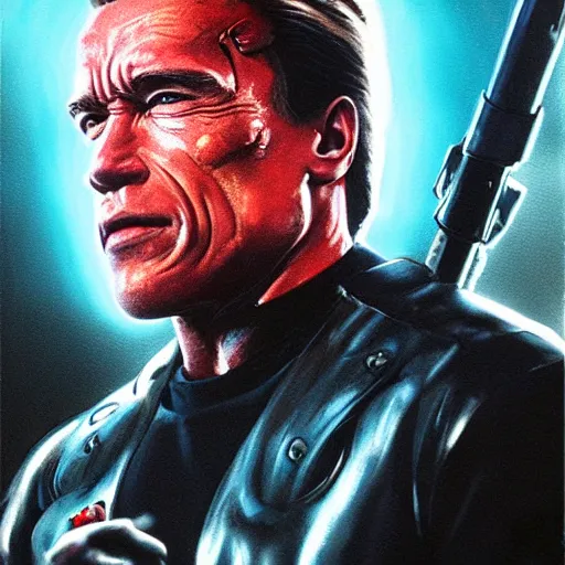 Prompt: Arnold Schwarzenegger, The Terminator model 101 stands tall in club \'Tech Noir\' pointing an UZI 9mm sub machine gun at his targets forehead, The red laser sights can be seen through the dry ice. detailed, digital painting, artstation, concept art, smooth, sharp focus, illustration, art by artgerm and greg rutkowski and alphonse mucha