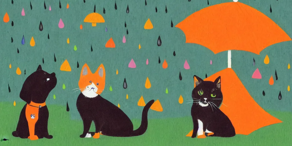 Image similar to a black dog and an orange tabby kitten standing in the rain by richard scarry