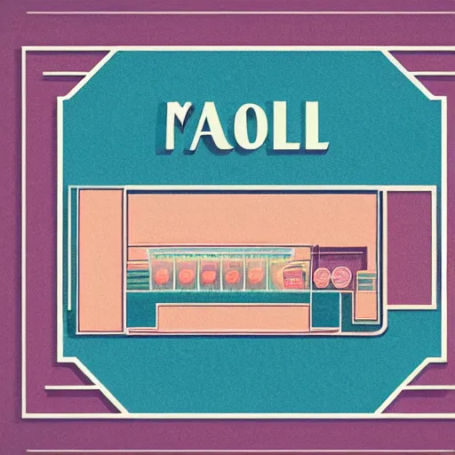 Image similar to art deco illustration of a mall food court in pastel colors