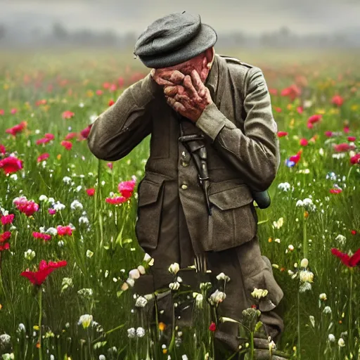 Prompt: A WWI veteran, tired, melancholic, in a field of flowers, photorealistic, detailed, 8K