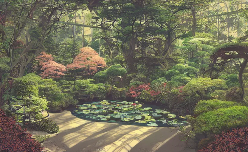 Image similar to japanese garden, forest, pool, huge greenhouse, sunny bay window, indoor, architecture, highly detailed, digital painting, artstation, art nouveau, concept art, sharp focus, illustration