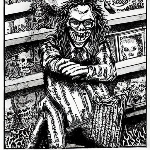 Image similar to a Pop Wonder scary horror themed goofy-hilarious-character r-Crumb, dime-store-comic drawn with charcoal and pen and ink, half-tone-line-stacking