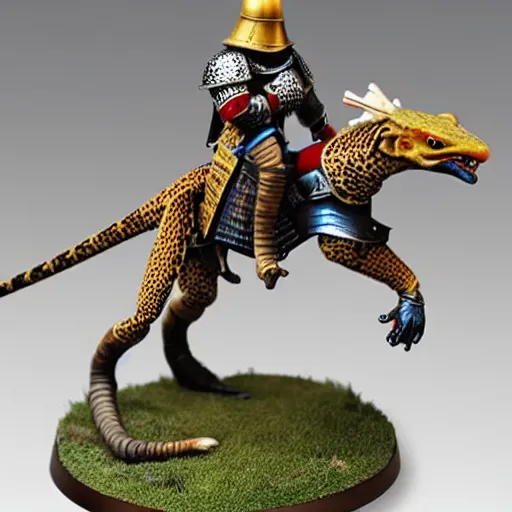 Image similar to A medieval knight riding on a giant two legged leopard gecko, highly detailed, painted wargaming miniature