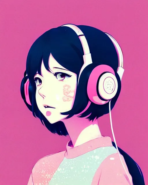 Image similar to girl wearing headphones, city background, very anime!!! anime!! intricate details, aesthetically pleasing pastel colors, poster background, art by conrad roset and ilya kuvshinov