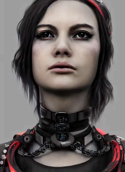 Image similar to detailed realistic female character cyberpunk wearing thick technological collar around neck, realistic, art, beautiful, 4K, collar, choker, collar around neck, punk, artstation, detailed, female, woman, choker, cyberpunk, neon, punk, collar, choker, collar around neck, thick collar, tight around neck, punk,