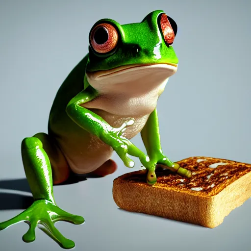 Image similar to hyperrealistic film still of a cute frog eating toast stunning 3 d render, inspired by istvan sandorfi & greg rutkowski & unreal engine, perfect facial symmetry, dim volumetric cinematic lighting, 8 k octane comprehensive render, extremely hyper - detailed, incredibly lifelike attributes, intricate, real flesh texture, masterpiece, artstation, stunning,