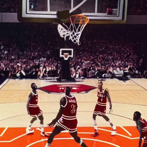 Image similar to film still of Micheal Jordan playing against Lebron James on a basketball court, 8k