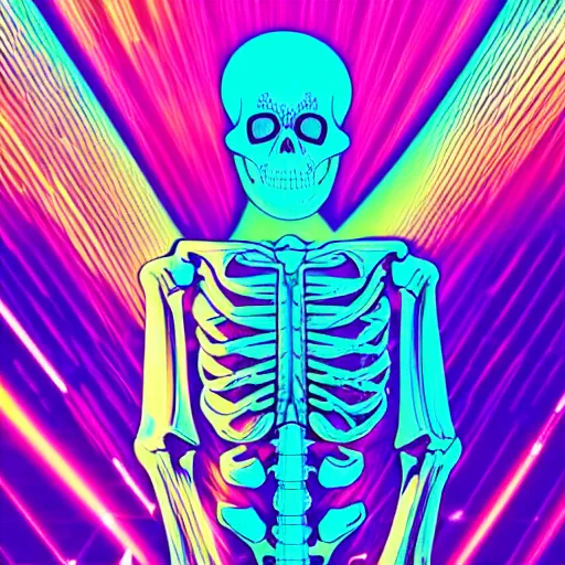 Prompt: a skeleton in cyberspace, his hands behind his back detailed, outrun, synthwave, vaporwave, complimenting color scheme