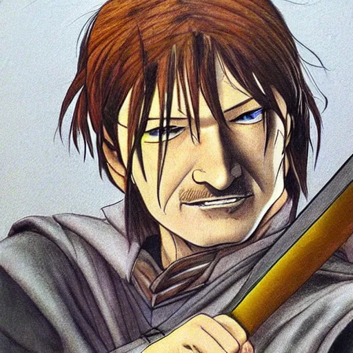 Prompt: boromir in an anime world, holding a sword, incredibly detailed, ultra realistic, drawing by Satoshi Kon