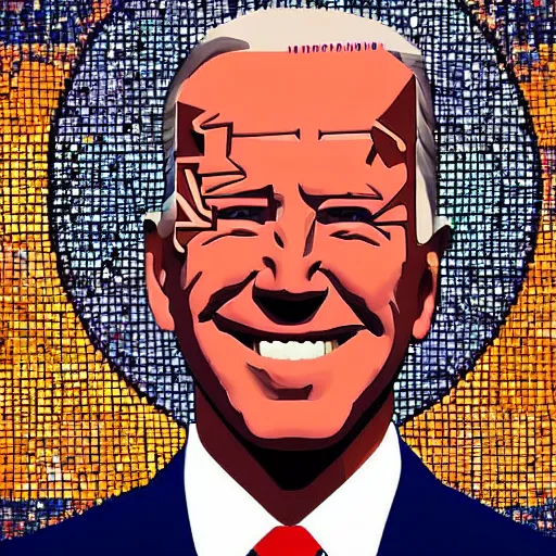 Prompt: portrait mosaic of joe biden with robot ears, 4k, intricate details, digital, sun in the background