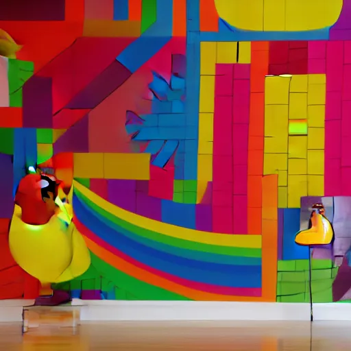 Image similar to a large rubber duck sits alone in a large room next to a birthday cake, the walls are covered with colorful geometric wall paintings in the style of sol lewitt.