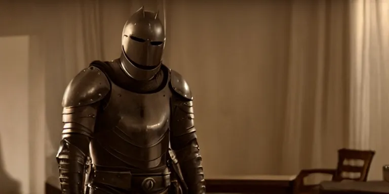 Prompt: still frame from a movie, wide shot of an relieved ben affleck in a 15th century knight suit, centerframe, medieval background, rule of third, alexa 65, cooke prime 25mm, cinematic, film grain, flare