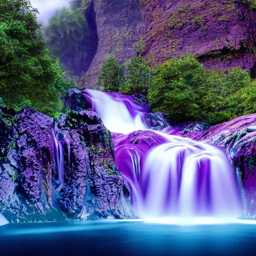 Image similar to purple fjord waterfall, highly detailed, 4k, HDR, award-winning, octane render