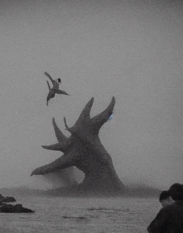 Prompt: very low - resolution found footage of a couple escaping pyongyang from a starfish kaiju monster, fog, foggy, korean film noir, monochrome, red hue, thriller, underdeveloped, epic, dramatic