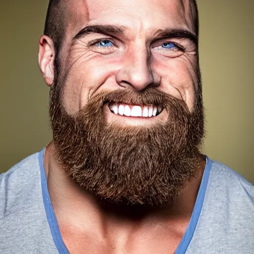 Image similar to Vivid color photography of a very muscular man smiling with a chiseled jawline and trimmed beard