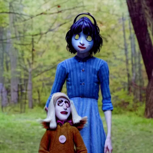 Image similar to natalia dyer starring as live action coraline, movie still, 8 k