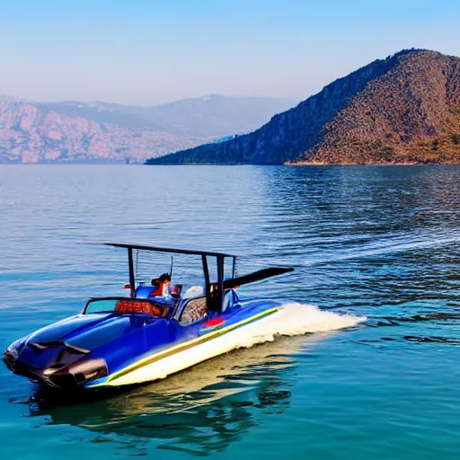 Prompt: a beautiful jet boat on the lake, Greece, in the style of Miami vice, reflective, clear water, cliffs, beach, sunset