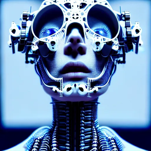 Image similar to portrait of an absurdly beautiful, graceful, sophisticated, fashionable cyberpunk mechanoid, wires, machines, skulls, digital displays, hyperdetailed illustration by irakli nadar and alexandre ferra, intricate linework, white porcelain skin, vr headset, unreal engine 5 highly rendered, global illumination, radiant light, detailed and intricate environment