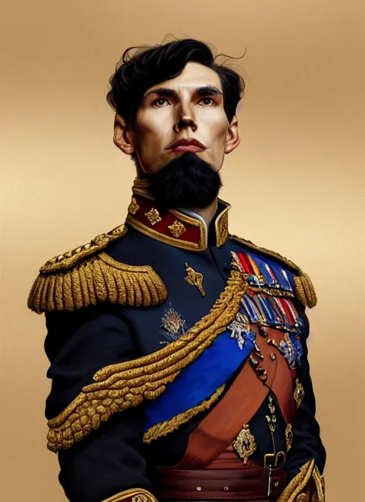 Image similar to portrait of supreme leader jerma, royalty, extravagant, lord, full body, military uniform, fantasy, intricate, elegant, beautiful, highly detailed, charcoal, centered, dark, smokey, digital painting, artstation, concept art, art by artgerm and greg rutkowski and alphonse mucha