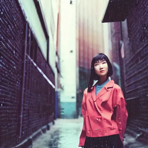 Image similar to 1990s perfect 8K HD professional cinematic photo of close-up japanese schoolgirl posing in sci-fi dystopian alleyway at morning during rain, at instagram, Behance, Adobe Lightroom, with instagram filters, depth of field, taken with polaroid kodak portra