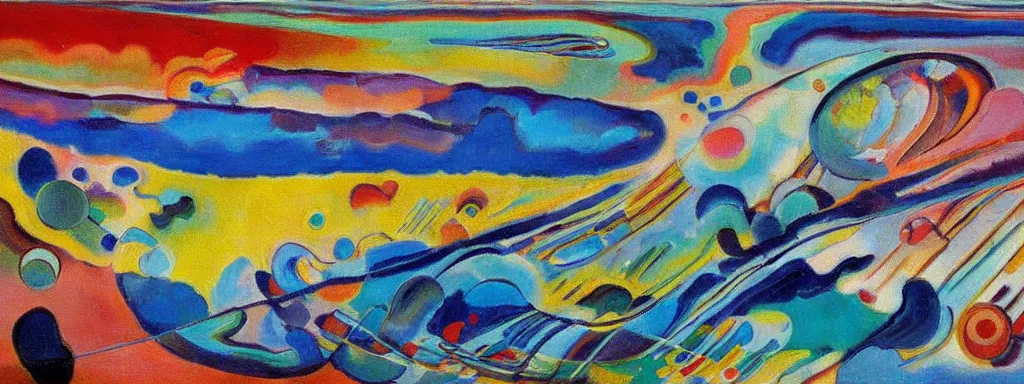 Image similar to Psychedelic sci-fi dreamworld. Landscape painting. Organic. Winding rushing water. Waves. Clouds. Wayne Thiebaud. Kandinsky.