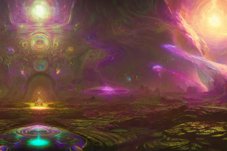 Prompt: a psychedelic realm at the edge of existence where intensely creative astral beings exist, they are summoning an astral vehicle, in the style of WLOP, illustration, epic, fantasy, hyper detailed, smooth, unreal engine, sharp focus, ray tracing