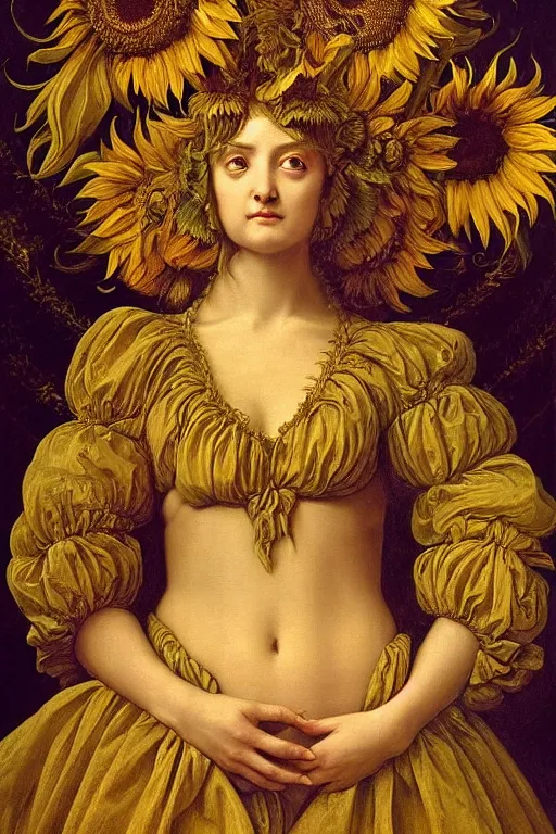 Image similar to hyper realistic painting portrait of the lady of sunflowers, occult diagram, elaborate details, rococo, baroque, gothic, intrincate ornaments, gold decoration, caligraphy, occult art, illuminated manuscript, oil painting, art noveau, in the style of roberto ferri, gustav moreau, jean delville, bussiere, andrew gonzalez, jim harter