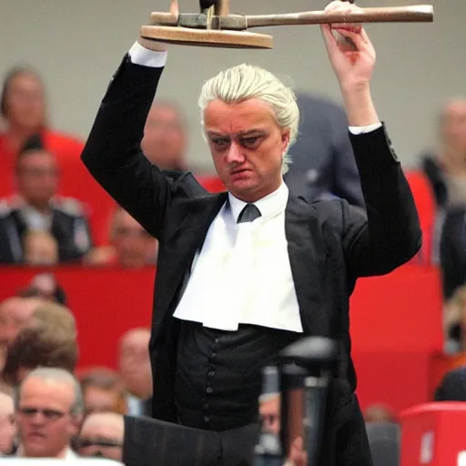 Image similar to geert wilders as judge raising hammer looking angry