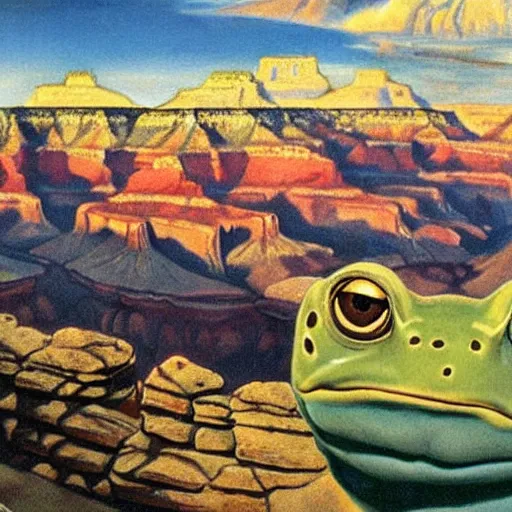 Prompt: Grand Canyon scene by Dali. FROG! FROG! FROG! FROG!