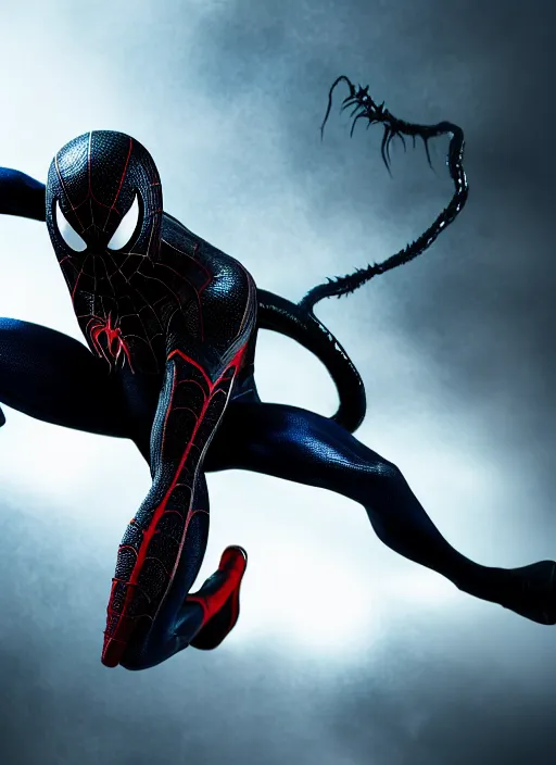 Prompt: photograph of a venom and spider - man hybrid, dslr, cinematic, volumetric lighting, 8 k resolution, photorealistic