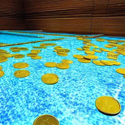 Prompt: photorealistic photograph of a swimming pool full of gold coins instead of water, pool with coins inside, pool inside a vault