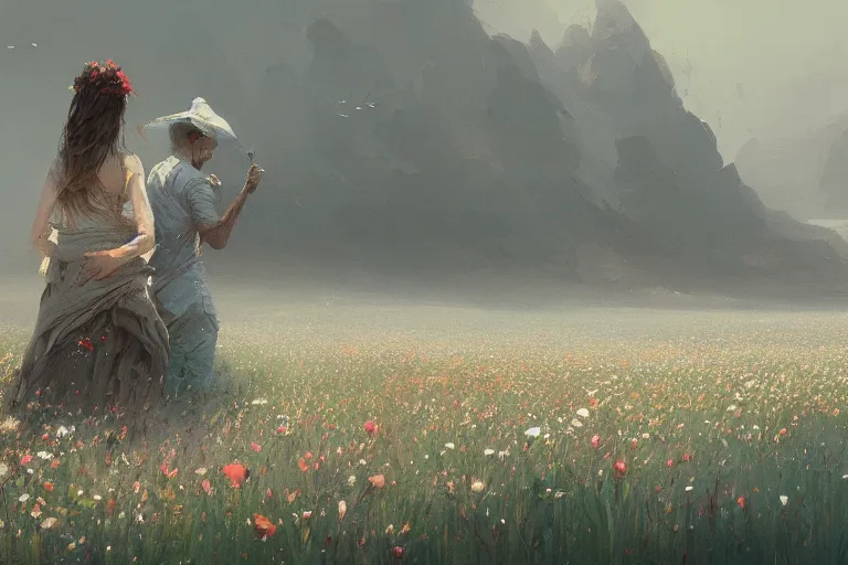 Prompt: a beautiful painting of the sea of flower, two people, by greg rutkowski, trending on artstation