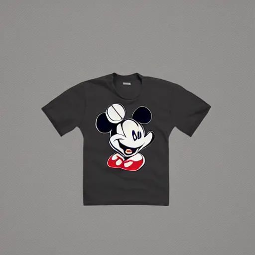 Prompt: a mickey mouse t - shirt, but the outline of mickey mouse is a wet spot. crusty old black t - shirt, 8 k studio photo.