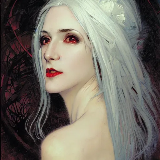 Prompt: portrait of a menacing beautiful vampire, head only, headshot, detailed and clear eyes and mouth, blinding white hair by Stanley Artgerm Lau , greg rutkowski, thomas kindkade, alphonse mucha, loish, norman rockwell, J. C. Leyendecker. hair waving in the wind, pale skin, sinister complexion, thorn crown, image bordered by thorns, thorn background. D&D, fantasy. Trending on artstation rule of thirds extremely detailed illustration hd 4k