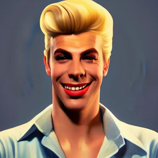 Image similar to a portrait of a beautiful blonde male from Grease (1978), smiling, Edward Hopper style, clear eyes, illustration, soft lighting, soft details, painting oil on canvas, octane render, HDR, trending on artstation, 4k, 8k, HD