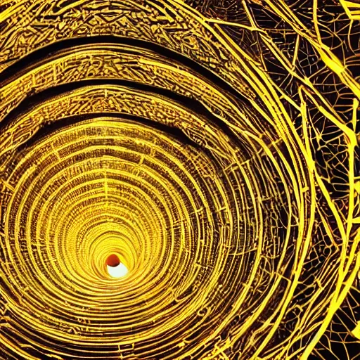 Image similar to vivid illustration of a person choosing between tunnels inside a highly intricate torus with detailed golden ornamentation and golden light, choosing between pathways