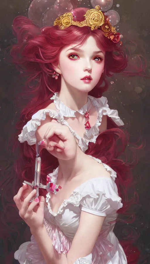 Image similar to portrait of magical lolita girl, dreamy and ethereal, RED eyes, peaceful expression, ornate frilly dress, fantasy, intricate, elegant, rainbow bubbles, highly detailed, digital painting, artstation, concept art, smooth, sharp focus, illustration, art by artgerm and greg rutkowski and alphonse mucha