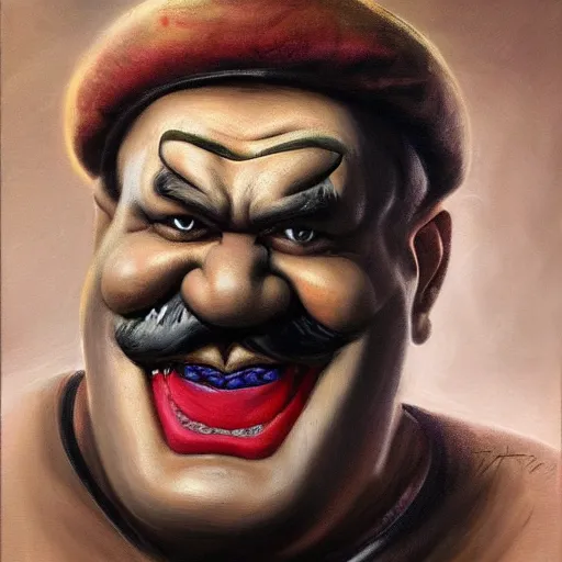 Prompt: An ultra realistic portrait painting of Wario in the style of Frank Frazetta, 4k, Ultra realistic, Highly Detailed, Dark Fantasy, Epic Lighting