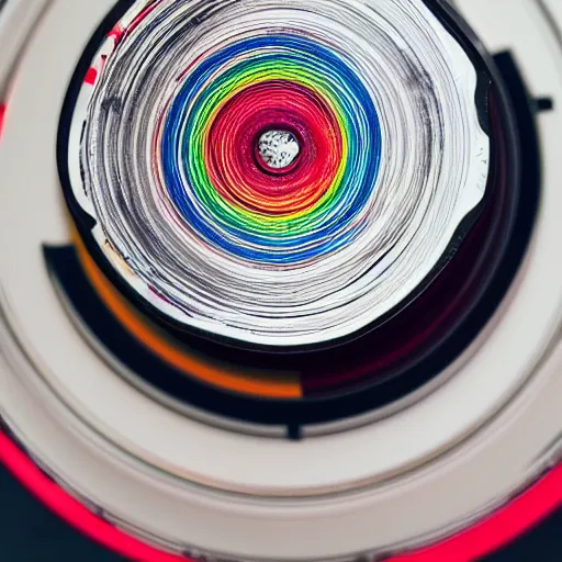 Prompt: birds eye view wide angle portrait of a beautiful, colorful, cd case on a blank white table with a cd that is reflecting a lot of color off of it and has a red sticker on the case, detailed, award winning, 8 5 mm, bokeh,