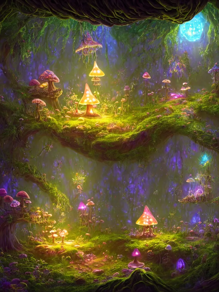 Image similar to the interior of a celestial dainty fairy cottage in a bioluminescent tree trunk decorated beautifully, lots of cute fairy design elements like toadstool mushrooms and cyberpunk robots, warm sunlight shining in, lots of plants and flowers, concept art 8 k resolution, fantasy illustration, sharp focus, detailed painting, deep color, volumetric lighting, crepuscular rays