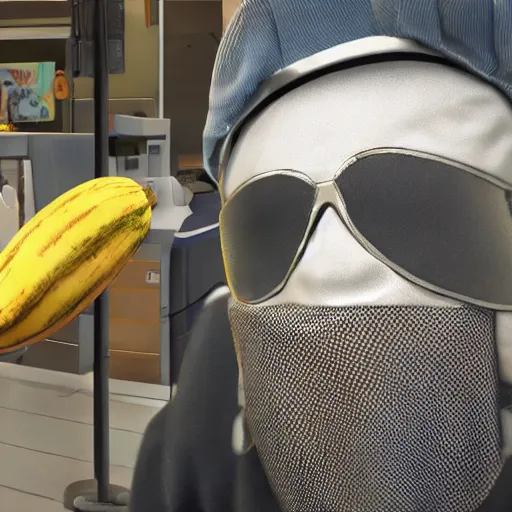 Image similar to a masked man at a self checkout stealing a banana, trending on artstation, depth field, unreal engine, cinematic, hyper realism, high detail, 8 k